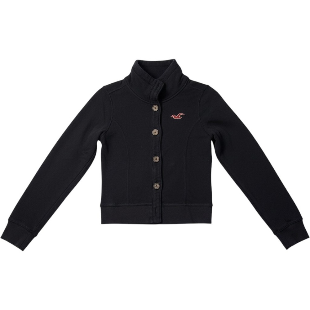 Hollister Cardigan Jacket Navy Blue Button Up Mock Neck Logo Small Womens